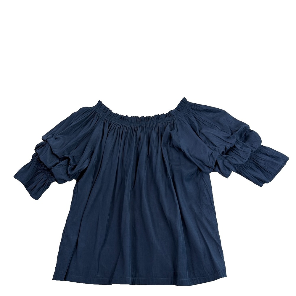 Mersea Womens Ruffle Sleeve Top Size M Navy Off Shoulder Boho Chic Coastal Luxe - Picture 4 of 7